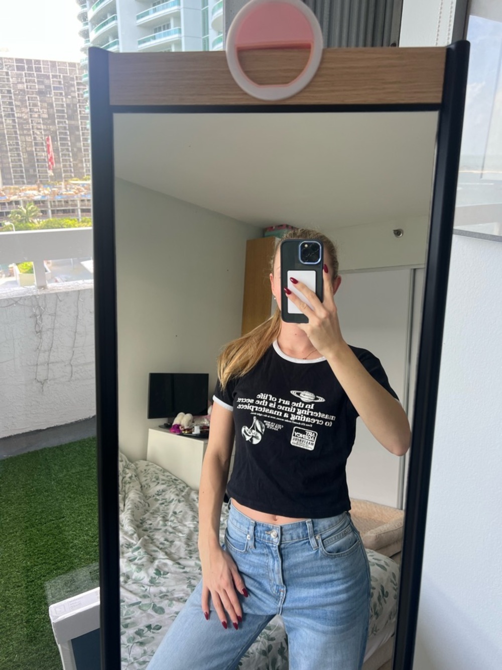 Black Graphic Ringer Crop Tee - Women
